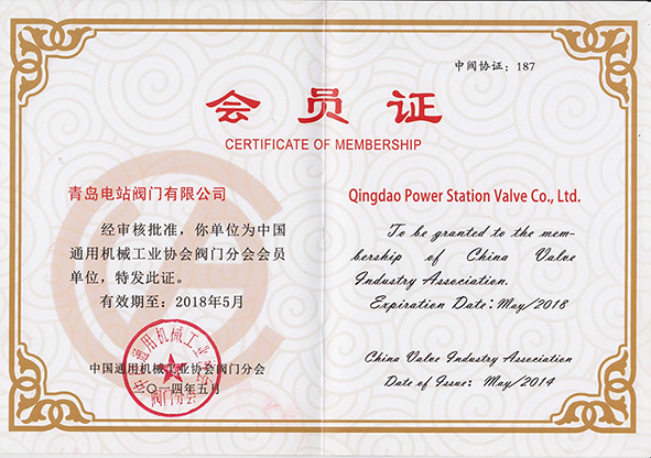 电站阀门中国通用机械工业协会阀门分会会员证书